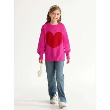 Haloumoning Girls Oversized Heart Sweater Kids Valentines Day Batwing Sleeve Side Slit Knit Pullover Sweaters Hot Pink