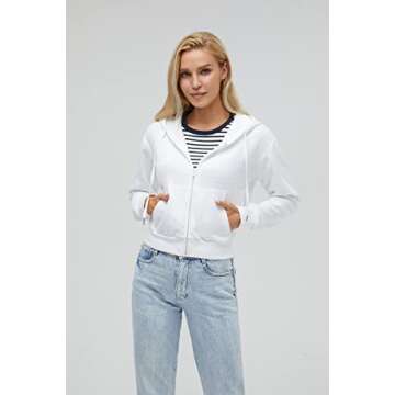Germinate Cropped Zip Up Hoodie Women White Black Grey Cotton Fleece Zipper Short Crop Sweatshirt Jacket Sweater (as1, alpha, m, regular, regular, White)