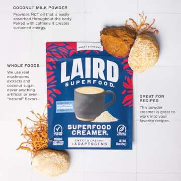 Laird Superfood Non-Dairy Coconut Powder Creamer - Sweet & Creamy + Adaptogens - Superfood Creamer with Functional Mushrooms - Non-GMO, Vegan, 16 oz. Bag, Pack of 1