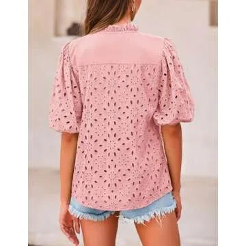 PRETTYGARDEN Women's Summer Tops Dressy Casual Short Lantern Sleeve V Neck Buttons Hollow Out Lace E...