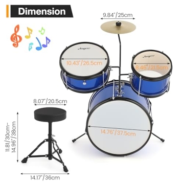 3 Piece Drum Set for Beginners with Cymbal, 2 Drums Sticks, Bass Drums, Pedal, 2 Tom, Junior Drum Ki...