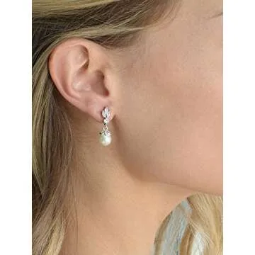 Mariell Petite Pearl Drop Wedding Earrings, 8MM Ivory Shell Pearls, Cubic Zirconia Crystal and Pearl Earrings for Brides, Bridesmaid, Prom and Mother of the Bride