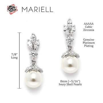 Mariell Petite Pearl Drop Wedding Earrings, 8MM Ivory Shell Pearls, Cubic Zirconia Crystal and Pearl Earrings for Brides, Bridesmaid, Prom and Mother of the Bride