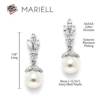 Mariell Petite Pearl Drop Wedding Earrings, 8MM Ivory Shell Pearls, Cubic Zirconia Crystal and Pearl Earrings for Brides, Bridesmaid, Prom and Mother of the Bride