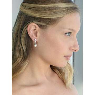 Mariell Petite Pearl Drop Wedding Earrings, 8MM Ivory Shell Pearls, Cubic Zirconia Crystal and Pearl Earrings for Brides, Bridesmaid, Prom and Mother of the Bride