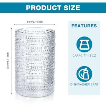 Hobnail Drinking Glasses 13 oz Cocktail Vintage Glassware Old Fashioned Embossed Cups for Beverage, ...