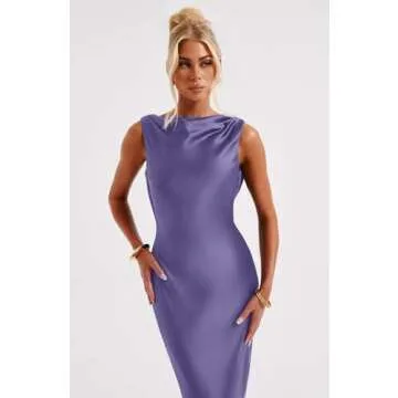 Memoriesea Women's Satin Elegant Sleeveless High Neck Tie Cocktail Party Maxi Dress Purple