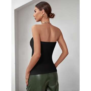 OYOANGLE Women's Button Front Slit Hem Tube Top Strapless Textured Slim Fit Tops Black Solid Small