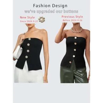 OYOANGLE Women's Button Front Slit Hem Tube Top Strapless Textured Slim Fit Tops Black Solid Small