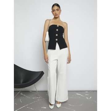 OYOANGLE Women's Button Front Slit Hem Tube Top Strapless Textured Slim Fit Tops Black Solid Small