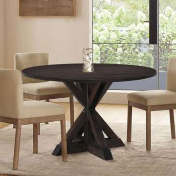 Finch Alfred Round Solid Wood Rustic Dining Table for Farmhouse Kitchen Room Decor, Wooden Trestle P...