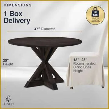 Finch Alfred Round Solid Wood Rustic Dining Table for Farmhouse Kitchen Room Decor, Wooden Trestle Pedestal Base, 46.5" Wide Circular Tabletop, Distressed Dark Brown