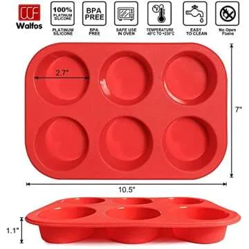 Walfos Silicone Muffin Pan - 6 Cup Non-Stick Silicone Cupcake Pan, Just PoP Out! Food Grade and BPA Free Baking Cups, Perfect for Egg Muffin, Cupcake, Dishwasher Safe (2 Pack Muffin Pan)