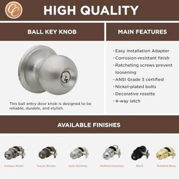 Copper Creek BK2040SS Ball Door Knob, Keyed Entry Function, 1 Pack, in Satin Stainless
