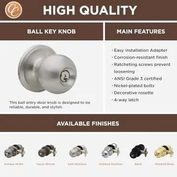 Copper Creek BK2040SS Ball Door Knob, Keyed Entry Function, 1 Pack, in Satin Stainless
