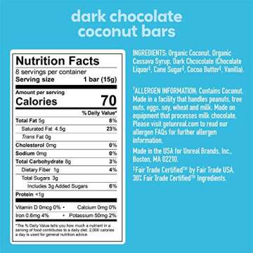 UNREAL Dark Chocolate Coconut Bars | 3g Sugar | Certified Vegan, Gluten Free, Fair Trade, Non-GMO | No Sugar Alcohols or Soy | Pack of 6