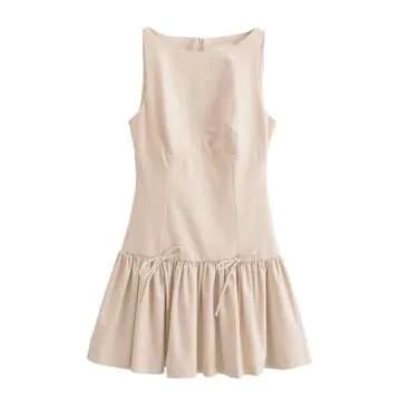 IQSQSQ Womens Summer Sleeveless Pleated Dress Girdling A Line Solid Color Pullover Round Neck Bow Zipper Back Mini Dress(White-S)