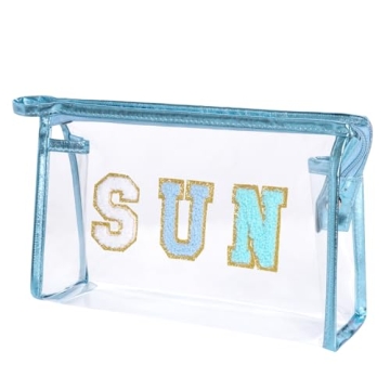 Hmxpls Clear Preppy Patch Makeup Bag, Sun Chenille Letter Bag for Beach, Clear Pouch with Zipper, Pr...