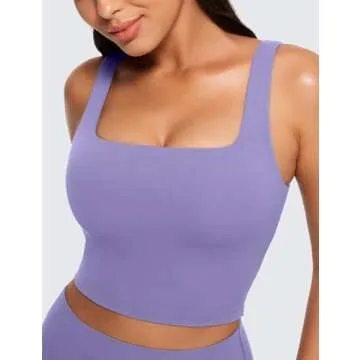 CRZ YOGA Butterluxe Womens Square Neck Longline Sports Bra - Workout Crop Tank Tops Padded Yoga Camisole with Built in Pads Dark Lavender Purple Small