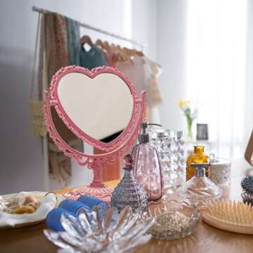 RECEESOON Pink Heart Mirror Double Sides, Vanity Makeup Mirror for Desk, Pink Vintage Mirror, Coquette Danish Pastel Room Decor Aesthetic