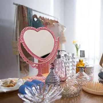 RECEESOON Pink Heart Mirror Double Sides, Vanity Makeup Mirror for Desk, Pink Vintage Mirror, Coquette Danish Pastel Room Decor Aesthetic