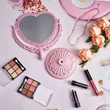 RECEESOON Pink Heart Mirror Double Sides, Vanity Makeup Mirror for Desk, Pink Vintage Mirror, Coquette Danish Pastel Room Decor Aesthetic