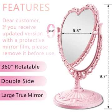RECEESOON Pink Heart Mirror Double Sides, Vanity Makeup Mirror for Desk, Pink Vintage Mirror, Coquette Danish Pastel Room Decor Aesthetic