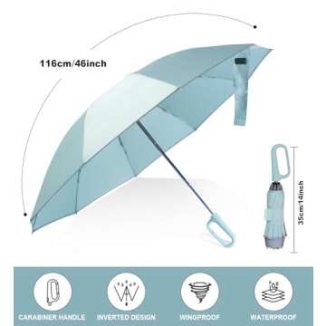 QWB TUMAAOTU Inverted Umbrella with Carabiner Handle, Wind Proof Umbrellas For Rain, 46 Inch Portable Reverse Folding Umbrella, Car Umbrella for Women Men, 10 Ribs (dark green)