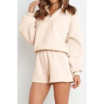 Trendy Queen Women's Oversized 2 Piece Lounge Sets Fall Outfits 2023 Half Zip Pullover Cozy Casual Pajamas Short Sweatsuit Sets Apricot
