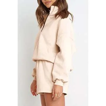 Trendy Queen Women's Oversized 2 Piece Lounge Sets Fall Outfits 2023 Half Zip Pullover Cozy Casual Pajamas Short Sweatsuit Sets Apricot