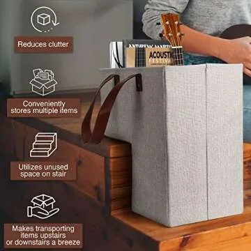 SAM AND MABEL Stair Baskets for Carpeted and Wooden Stairs – 16" L x 10" W x 16" H Staircase Basket with Handles, Collapsible Stairstep Storage Organizer for Home and Office Decor (Natural Beige)