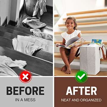 SAM AND MABEL Stair Baskets for Carpeted and Wooden Stairs – 16" L x 10" W x 16" H Staircase Basket with Handles, Collapsible Stairstep Storage Organizer for Home and Office Decor (Natural Beige)