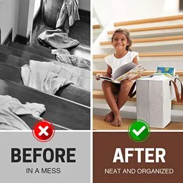 SAM AND MABEL Stair Baskets for Carpeted and Wooden Stairs – 16" L x 10" W x 16" H Staircase Basket with Handles, Collapsible Stairstep Storage Organizer for Home and Office Decor (Natural Beige)