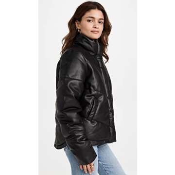 Splendid Women's Vegan Leather Long Sleeve Puffer Jacket, Black, Small