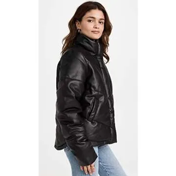 Splendid Women's Vegan Leather Long Sleeve Puffer Jacket, Black, Small
