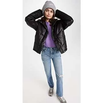 Splendid Women's Vegan Leather Long Sleeve Puffer Jacket, Black, Small