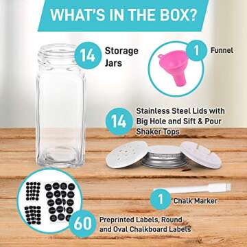 Spice Jars - Spice Containers - Spice Jar - 14 Square Glass Spice Bottles (4 oz) with 60 Chalkboard Labels, Chalk Marker, Stainless Steel Lid, Shaker Insert Tops, Funnel - Complete Organizer Set