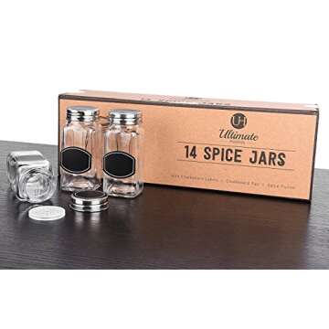 Spice Jars - Spice Containers - Spice Jar - 14 Square Glass Spice Bottles (4 oz) with 60 Chalkboard Labels, Chalk Marker, Stainless Steel Lid, Shaker Insert Tops, Funnel - Complete Organizer Set