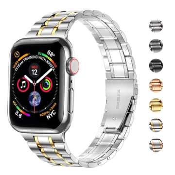 MioHHR Solid Stainless Steel Band Compatible with Apple Watch 38mm 40mm, Metal Strap with Soft TPU C...
