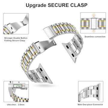 MioHHR Solid Stainless Steel Band Compatible with Apple Watch 38mm 40mm, Metal Strap with Soft TPU Case for iWatch Series 6 5 4 3 2 1 SE Women and Men (Silver/Gold, 38/40 mm)