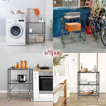 Origami 3 Tier Folding Shelves, Storage Shelving Rack Unit With Wheels, Pewter
