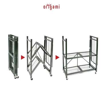 Origami 3 Tier Folding Shelves, Storage Shelving Rack Unit With Wheels, Pewter
