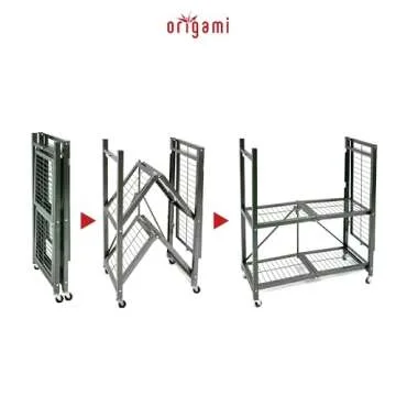 Origami 3 Tier Folding Shelves, Storage Shelving Rack Unit With Wheels, Pewter