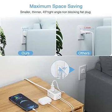 Small Flat Plug Power Strip, TESSAN Ultra Thin Extension Cord with 3 USB Wall Charger (1 USB C), 3 O...