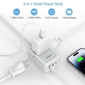 Small Flat Plug Power Strip, TESSAN Ultra Thin Extension Cord with 3 USB Wall Charger (1 USB C), 3 Outlets Mini Charging Station, 5 ft Slim Plug for Cruise Travel Office School Dorm Room Essentials