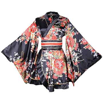 HongH Kimono Bathrobe Costume Japanese Traditional Yukata Cosplay Women's Sexy Sakura Pattern (Black...
