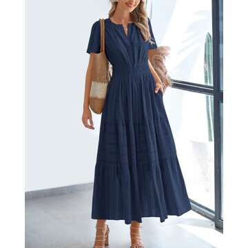 BTFBM Womens Summer 2025 Casual Midi Maxi Dresses Lightweight Short Sleeve V Neck Elastic Waist Boho...