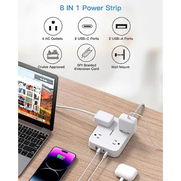 5ft Flat Plug Extension Cord with 4 USB Ports
