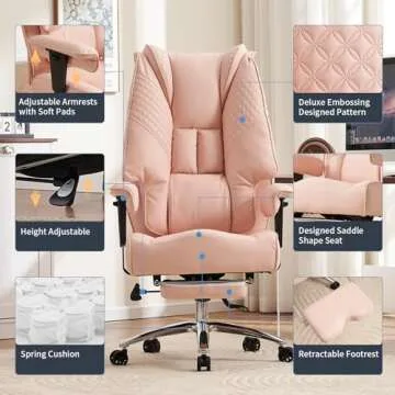 EXCEBET Big and Tall Office Chair 400lbs Wide Seat, Leather High Back Executive Office Chair with Foot Rest, Ergonomic Office Chair Lumbar Support for Lower Back Pain Relief (Light Pink)