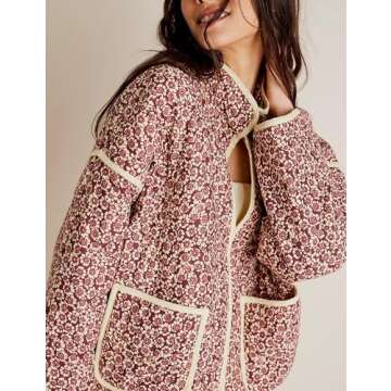 VAOYIU Women's Floral Puffer Jacket Cropped Vintage Printed Cardigan Lightweight Open Front Padded Q...